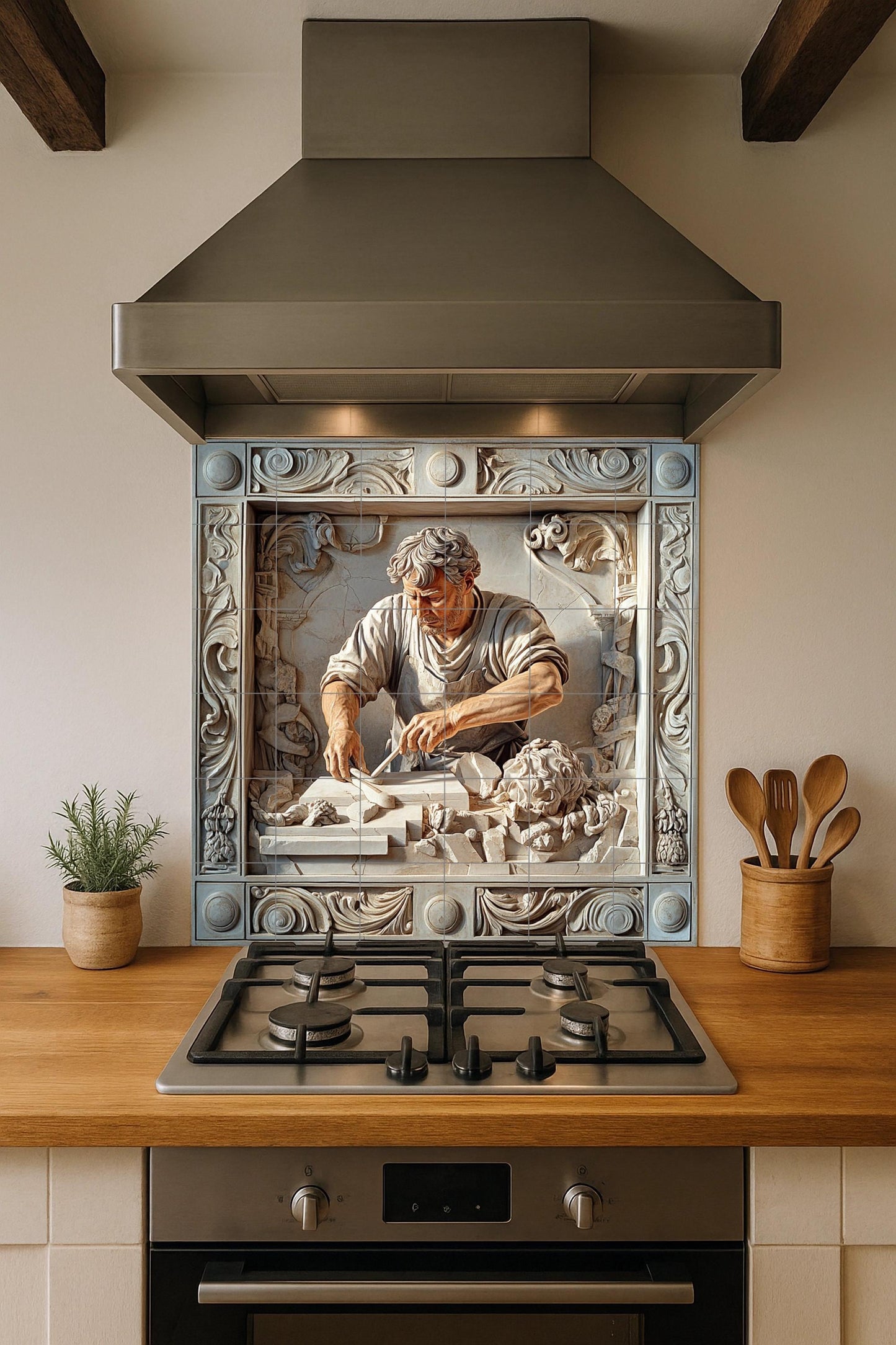Ceramic mural by a marble sculptor: Renaissance-inspired tile artwork, Michelangelo-style handcrafted panel, classic decorative wall art.