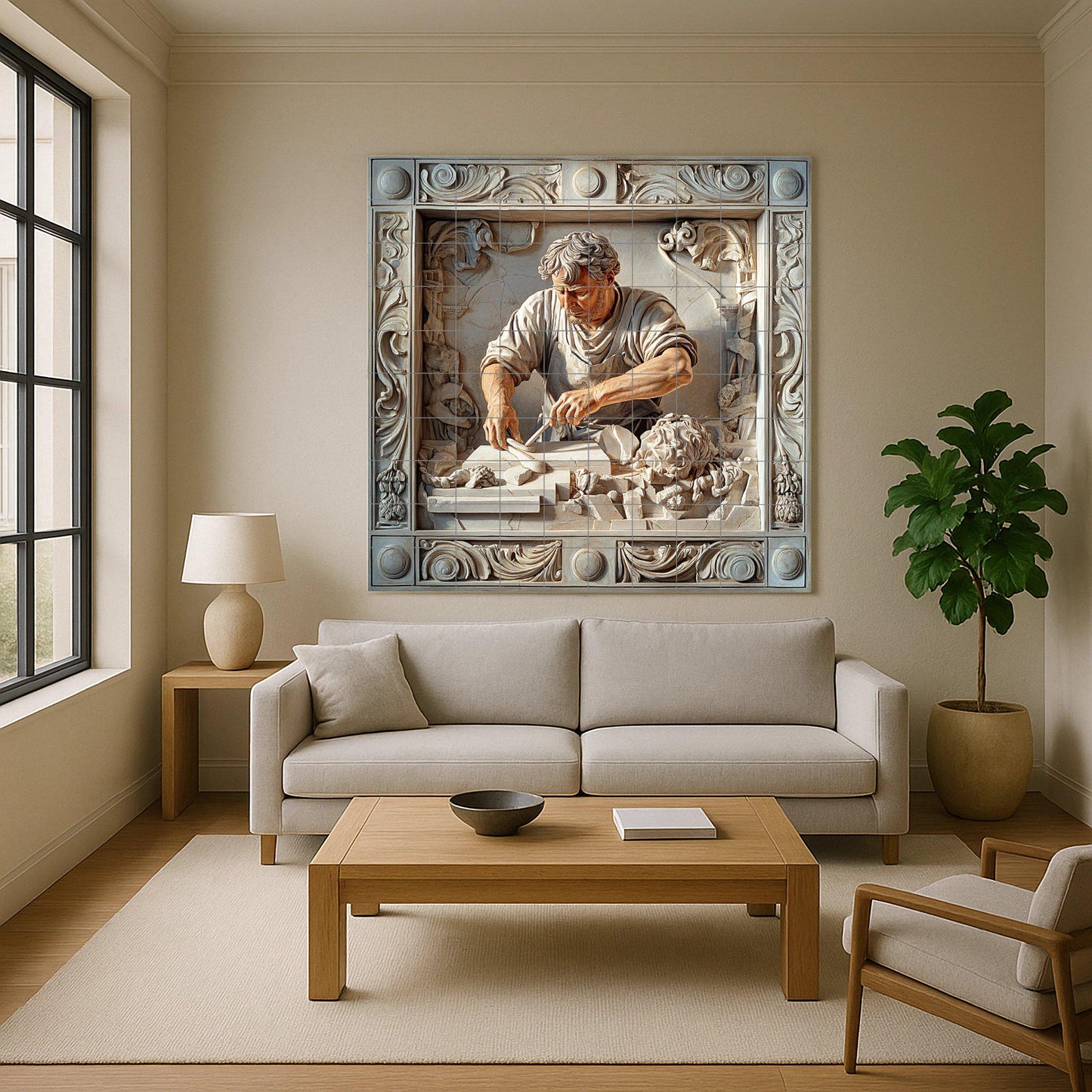 Ceramic mural by a marble sculptor: Renaissance-inspired tile artwork, Michelangelo-style handcrafted panel, classic decorative wall art.