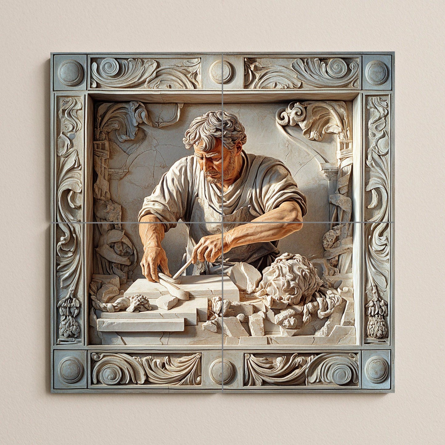 Ceramic mural by a marble sculptor: Renaissance-inspired tile artwork, Michelangelo-style handcrafted panel, classic decorative wall art.