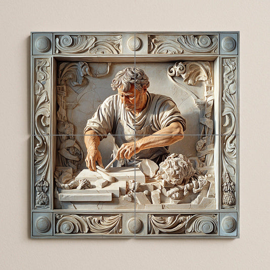 Ceramic mural by a marble sculptor: Renaissance-inspired tile artwork, Michelangelo-style handcrafted panel, classic decorative wall art.