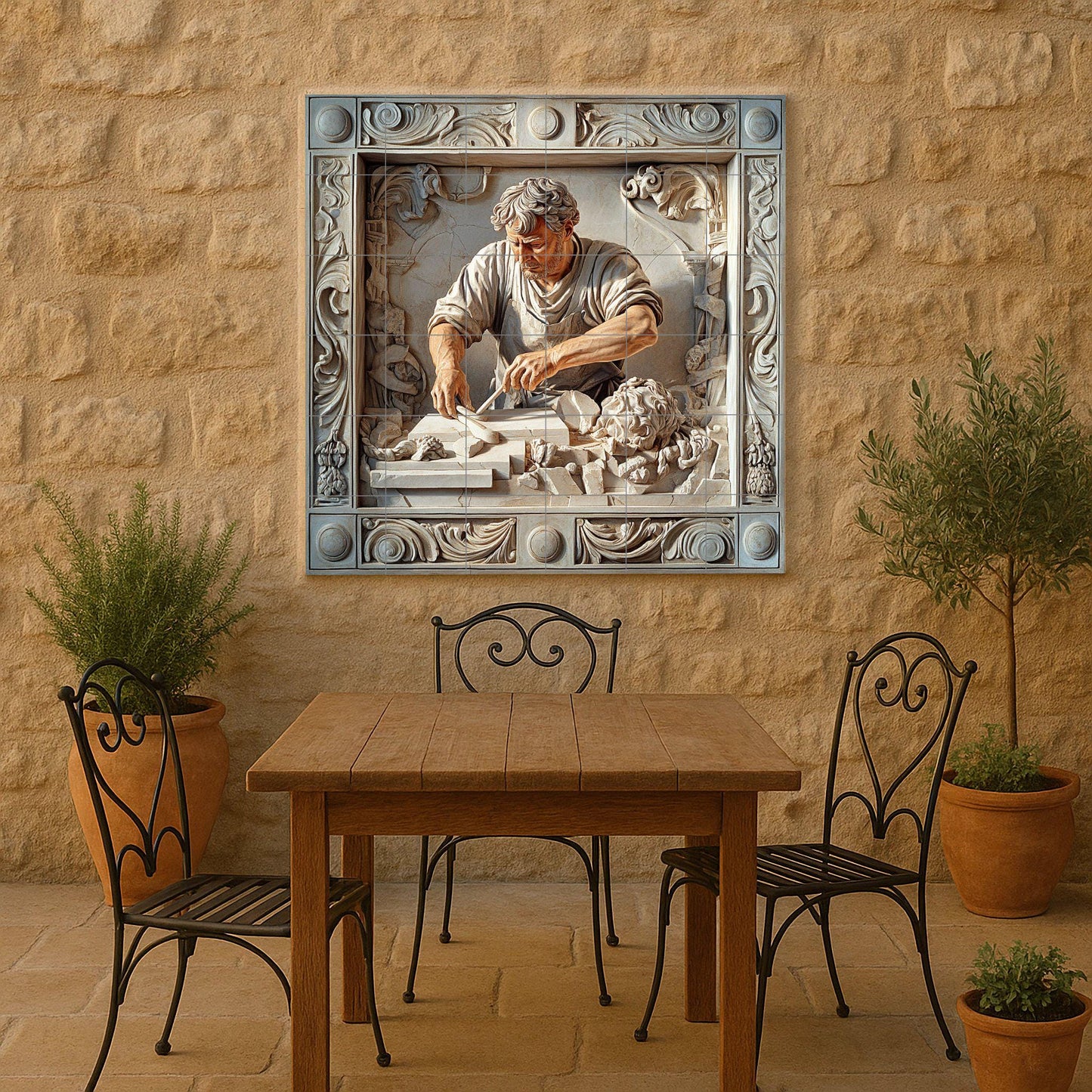 Ceramic mural by a marble sculptor: Renaissance-inspired tile artwork, Michelangelo-style handcrafted panel, classic decorative wall art.