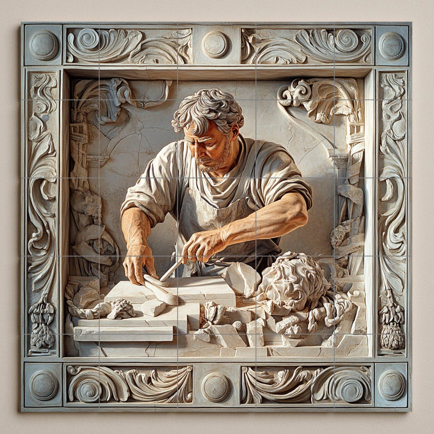 Ceramic mural by a marble sculptor: Renaissance-inspired tile artwork, Michelangelo-style handcrafted panel, classic decorative wall art.