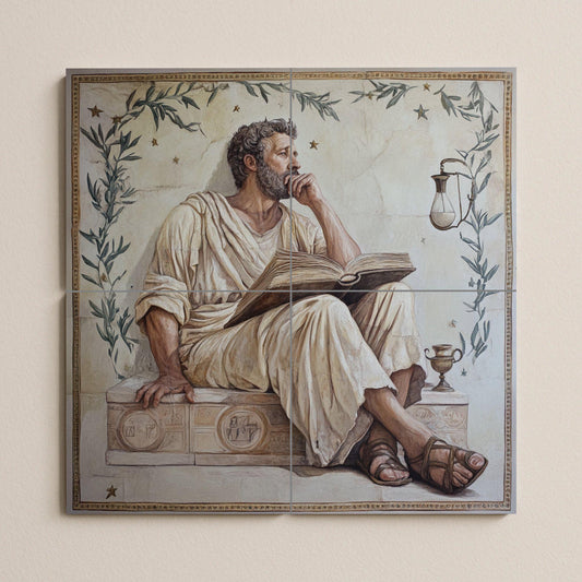Stoic ceramic mural of a philosopher with a book: Classical Greco-Roman wall art, meditative tile panel, ancient decorative ceramic