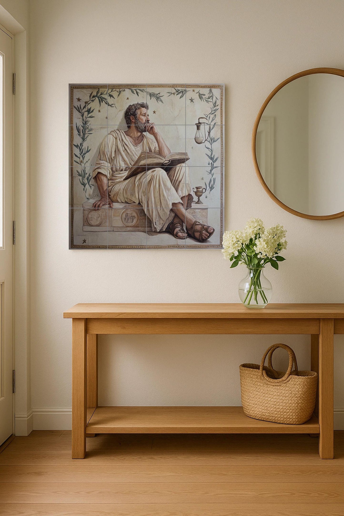 Stoic ceramic mural of a philosopher with a book: Classical Greco-Roman wall art, meditative tile panel, ancient decorative ceramic