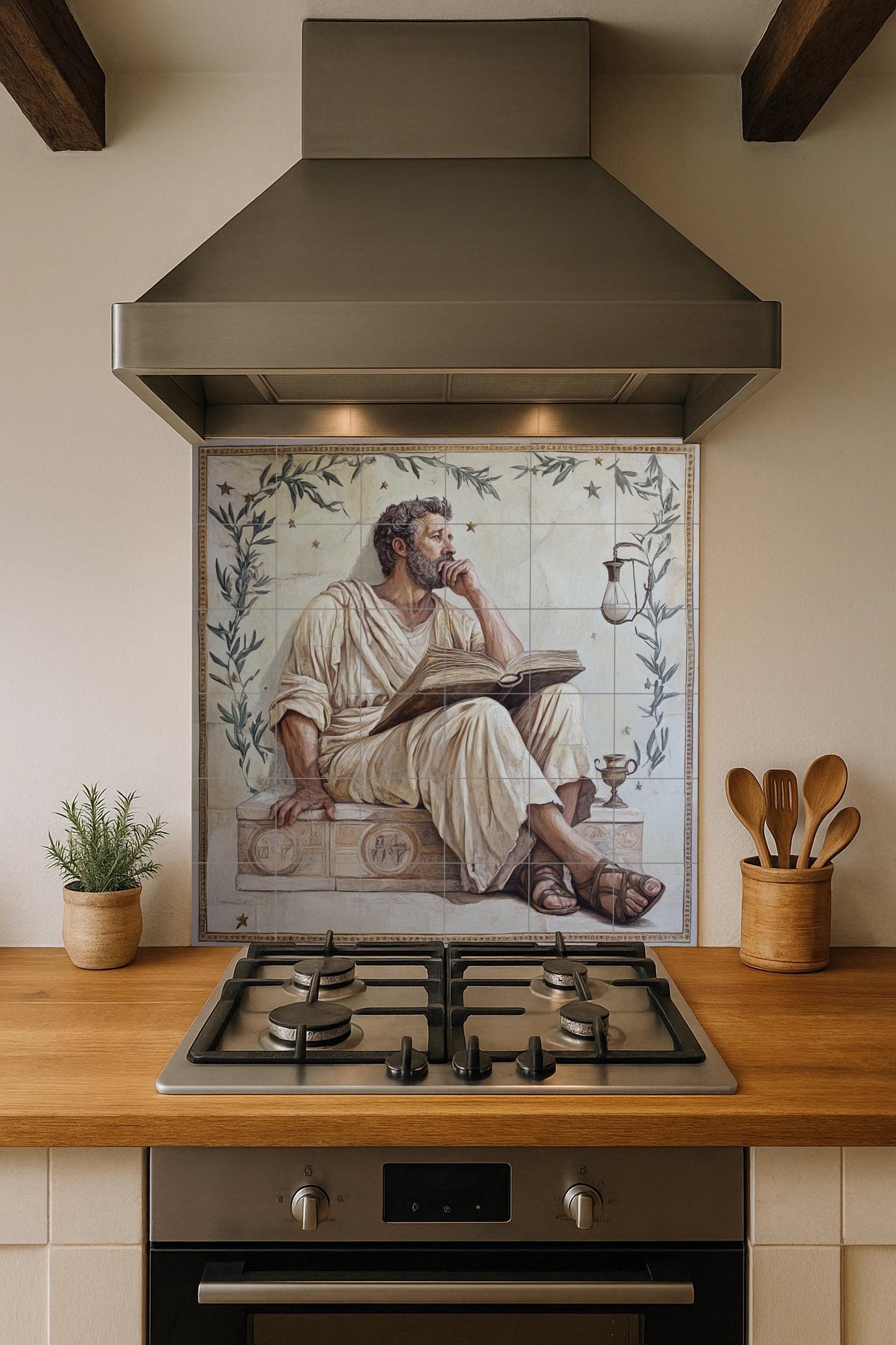 Stoic ceramic mural of a philosopher with a book: Classical Greco-Roman wall art, meditative tile panel, ancient decorative ceramic