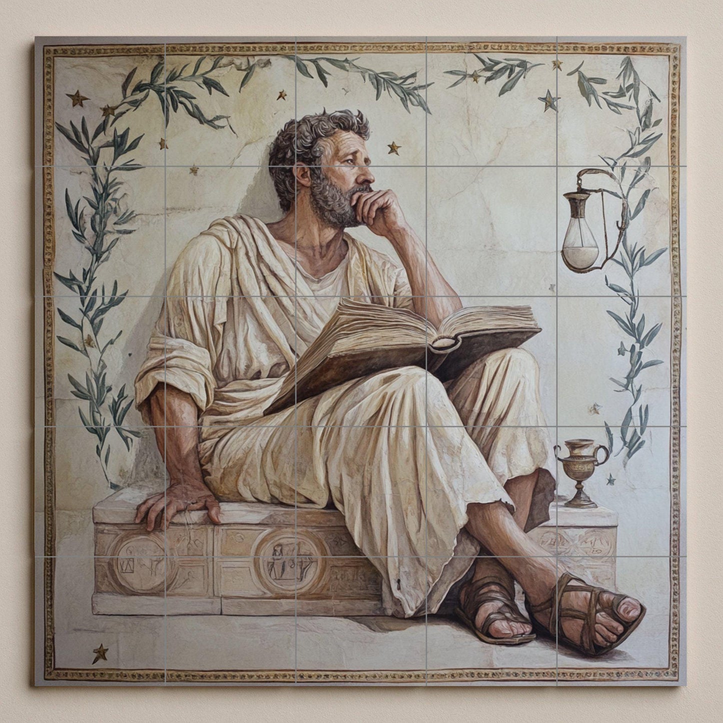 Stoic ceramic mural of a philosopher with a book: Classical Greco-Roman wall art, meditative tile panel, ancient decorative ceramic