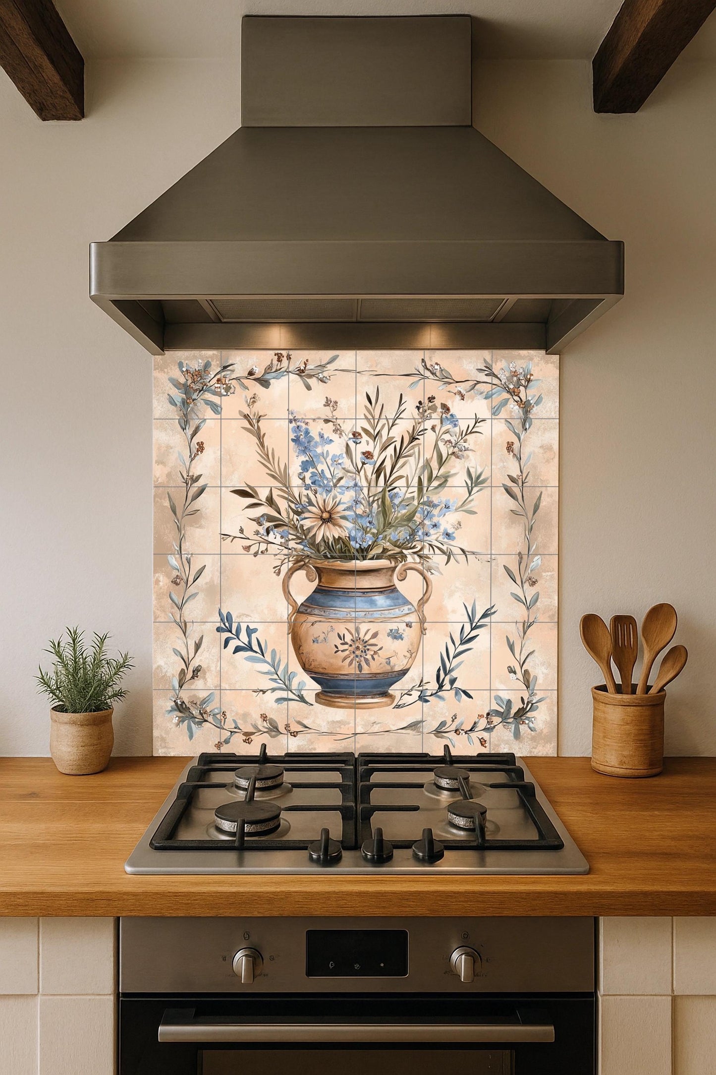 Tuscan ceramic mural with floral vase: Provencal artwork with tiles, Mediterranean botanical elegance, decorative panel of handcrafted ceramics.