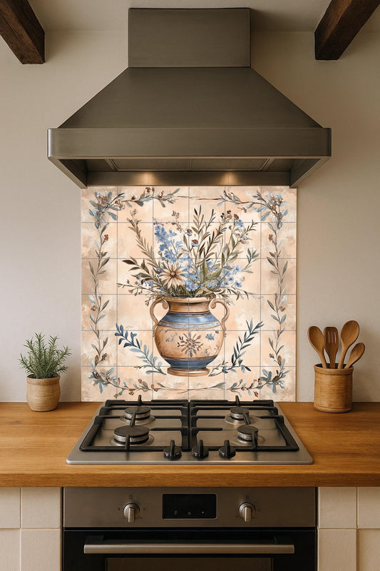 Tuscan ceramic mural with floral vase: Provencal artwork with tiles, Mediterranean botanical elegance, decorative panel of handcrafted ceramics.