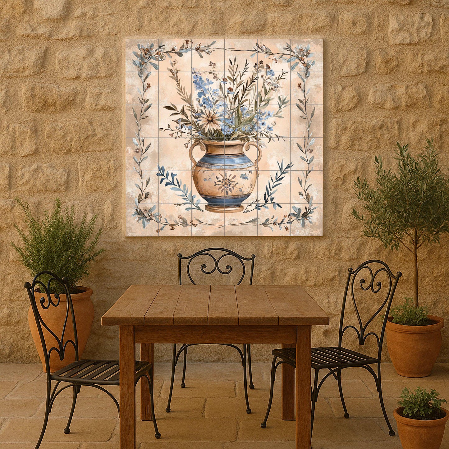 Tuscan ceramic mural with floral vase: Provencal artwork with tiles, Mediterranean botanical elegance, decorative panel of handcrafted ceramics.