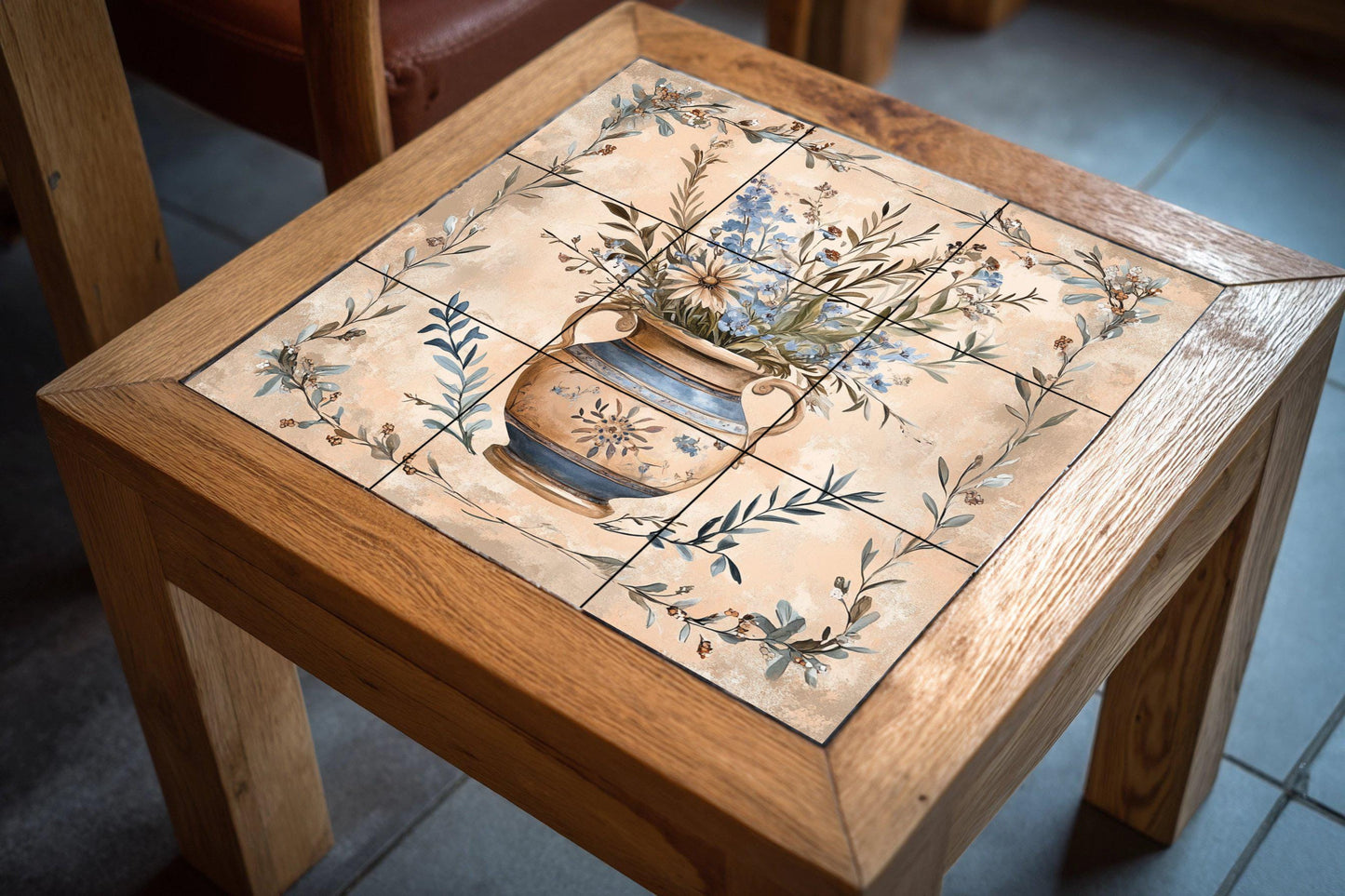 Tuscan ceramic mural with floral vase: Provencal artwork with tiles, Mediterranean botanical elegance, decorative panel of handcrafted ceramics.