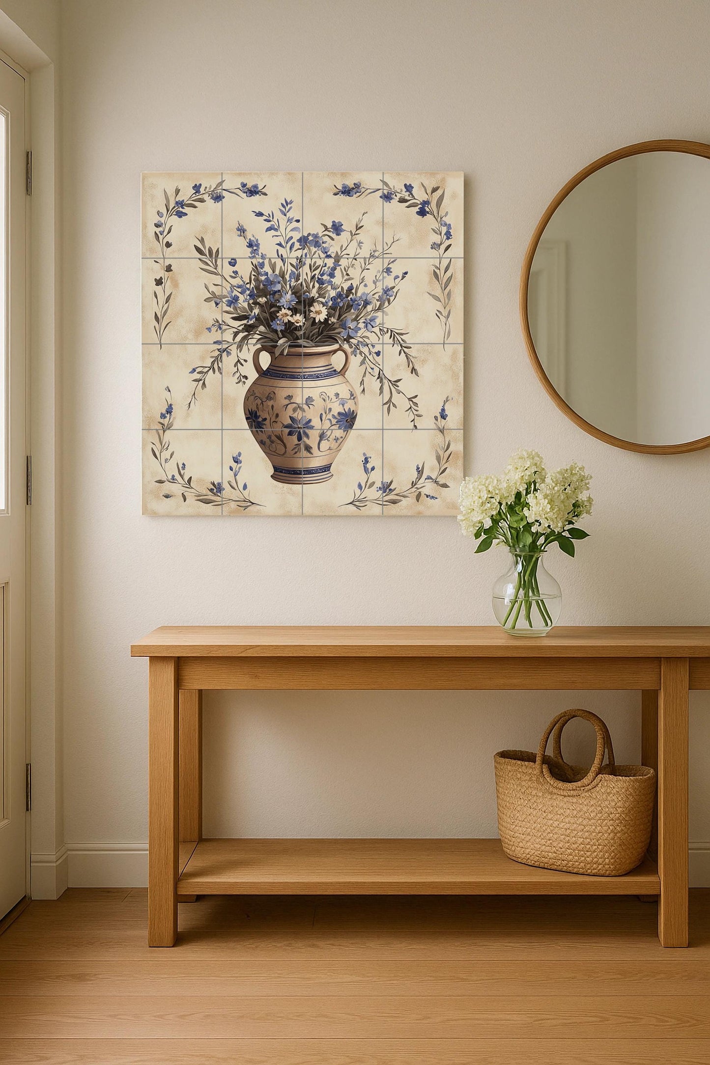 Ceramic mural with blue floral vase: artwork with botanical tiles, Mediterranean ceramic elegance, handcrafted decorative wall art.