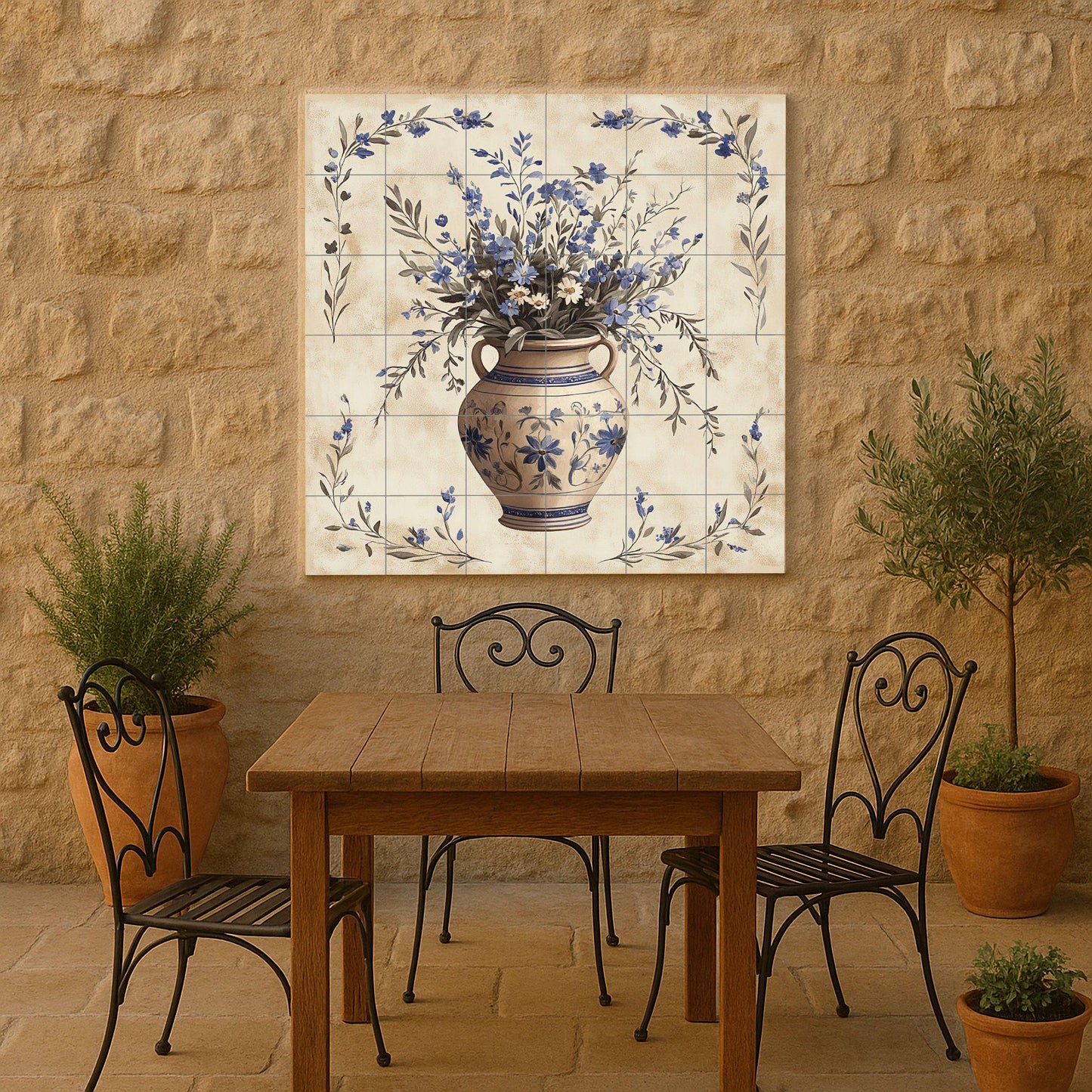 Ceramic mural with blue floral vase: artwork with botanical tiles, Mediterranean ceramic elegance, handcrafted decorative wall art.