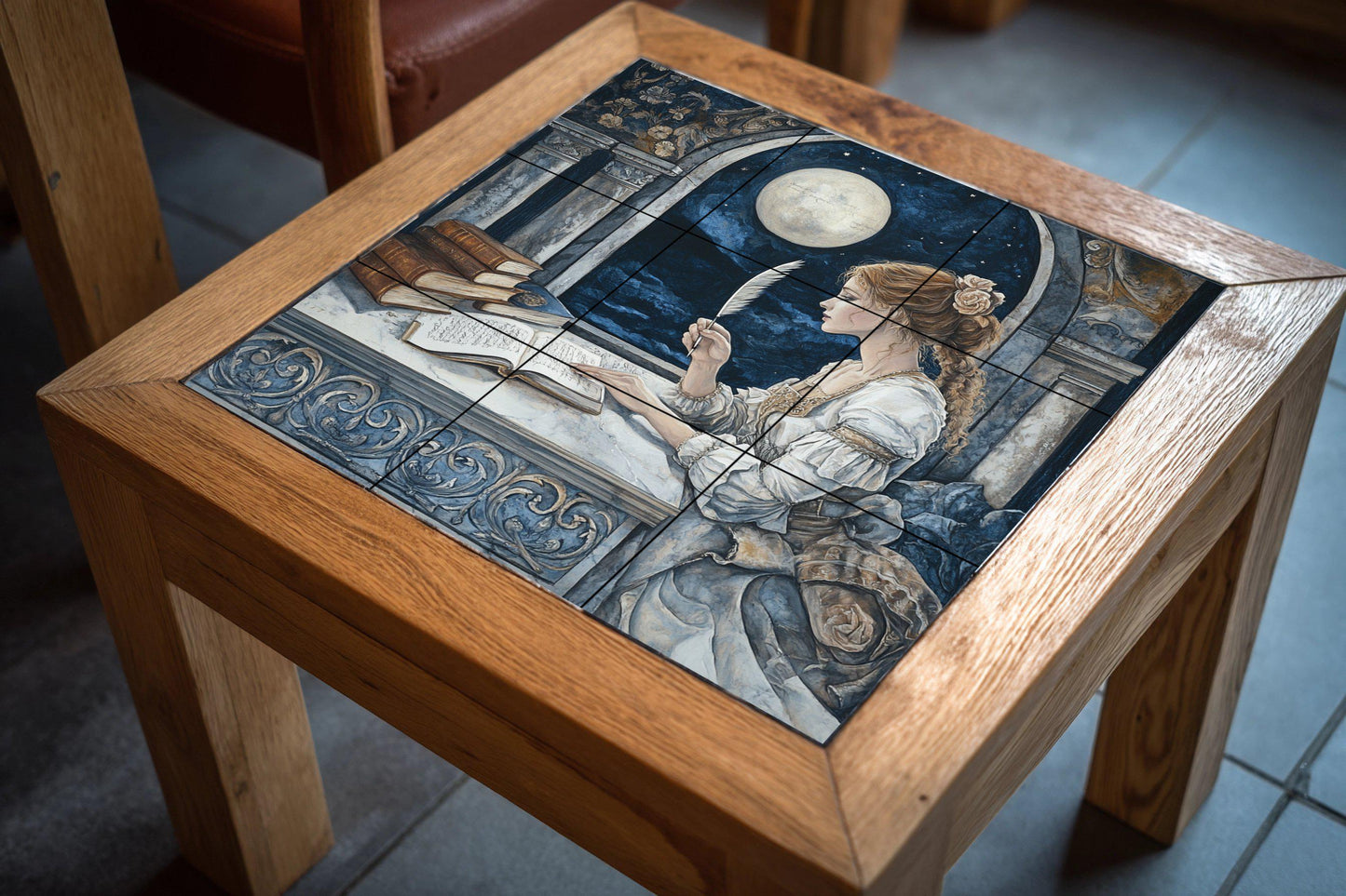 Historical ceramic mural of the Lady with a Feather from Moonlit Arch: Classical architecture, Renaissance nocturne, Literary tile mural art