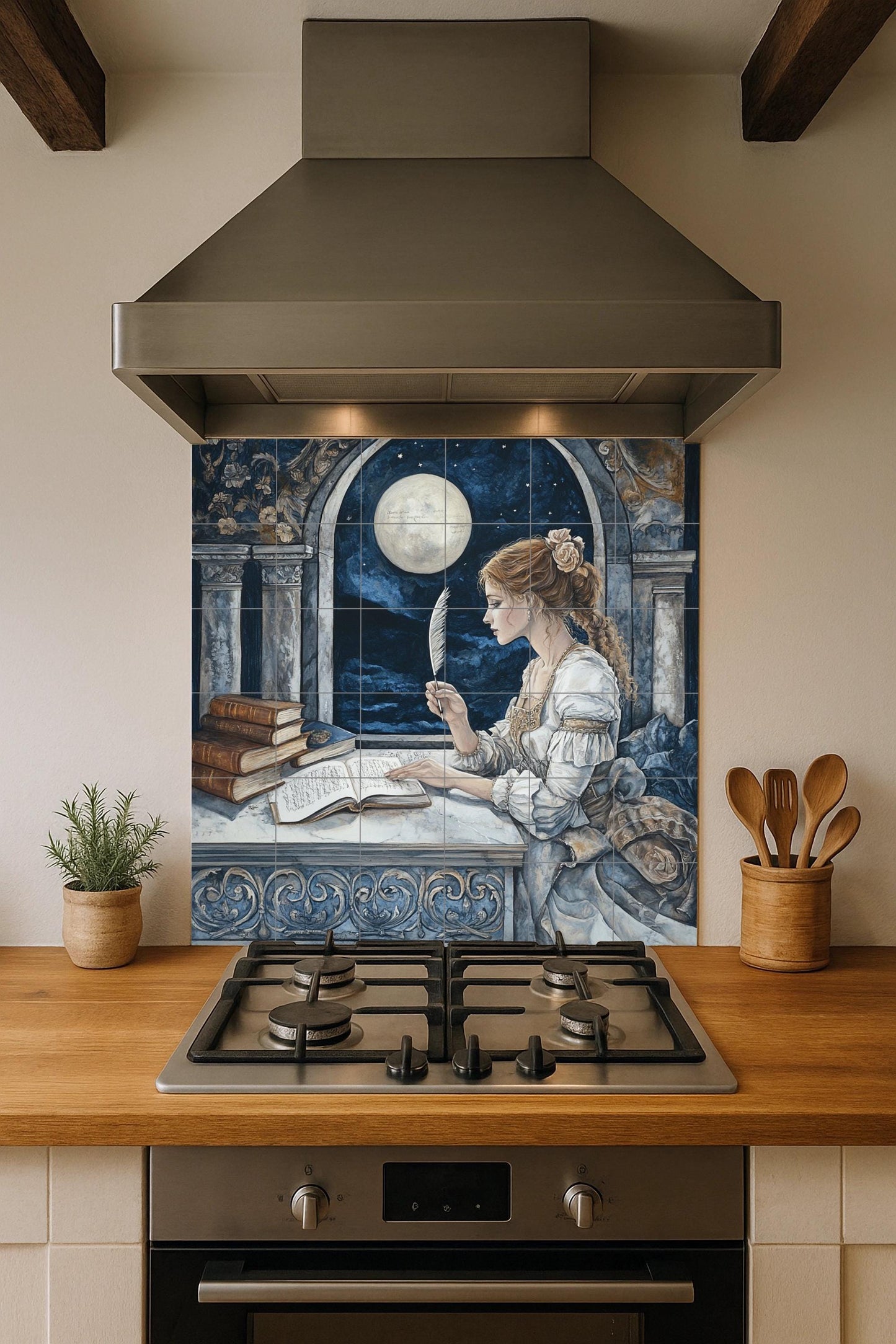 Historical ceramic mural of the Lady with a Feather from Moonlit Arch: Classical architecture, Renaissance nocturne, Literary tile mural art