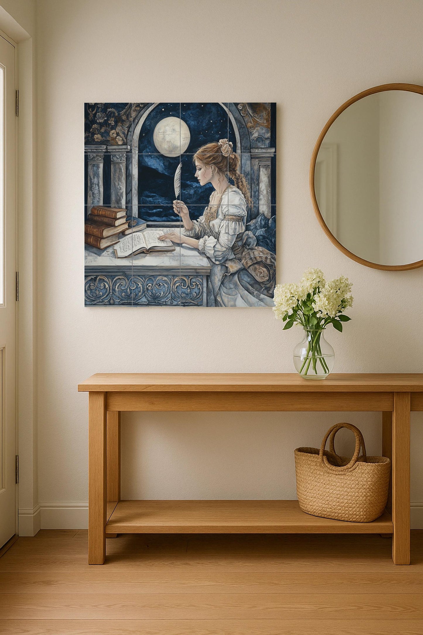 Historical ceramic mural of the Lady with a Feather from Moonlit Arch: Classical architecture, Renaissance nocturne, Literary tile mural art