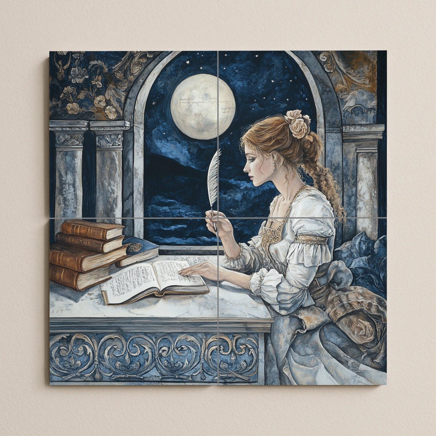 Historical ceramic mural of the Lady with a Feather from Moonlit Arch: Classical architecture, Renaissance nocturne, Literary tile mural art