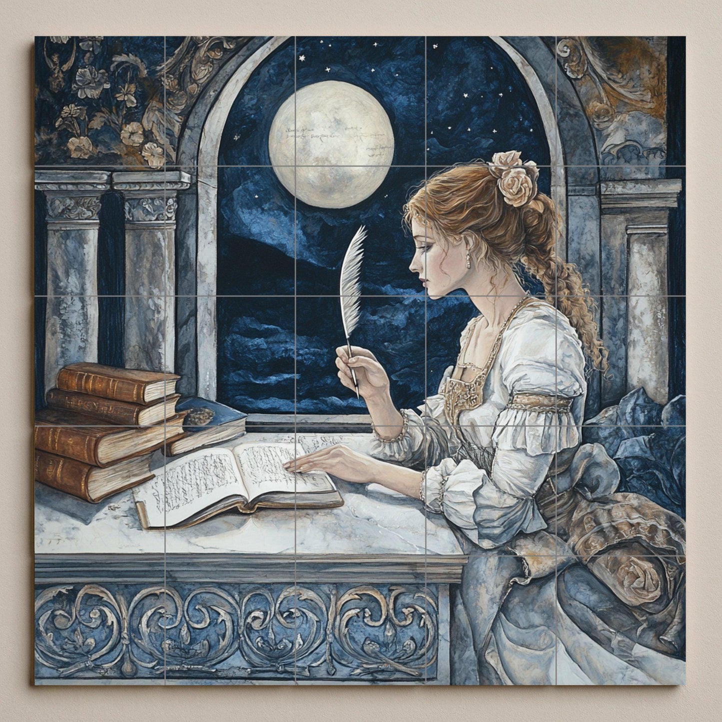 Historical ceramic mural of the Lady with a Feather from Moonlit Arch: Classical architecture, Renaissance nocturne, Literary tile mural art