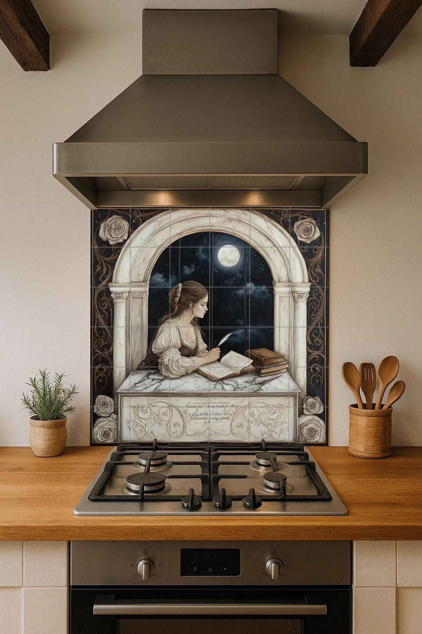 Romantic ceramic mural of a lady writing by a moonlit window: Gothic night artwork, literary tile panel, elegant decorative wall art.