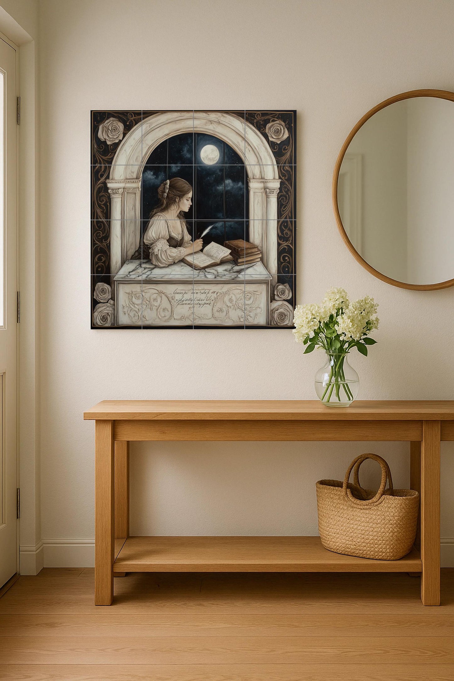 Romantic ceramic mural of a lady writing by a moonlit window: Gothic night artwork, literary tile panel, elegant decorative wall art.