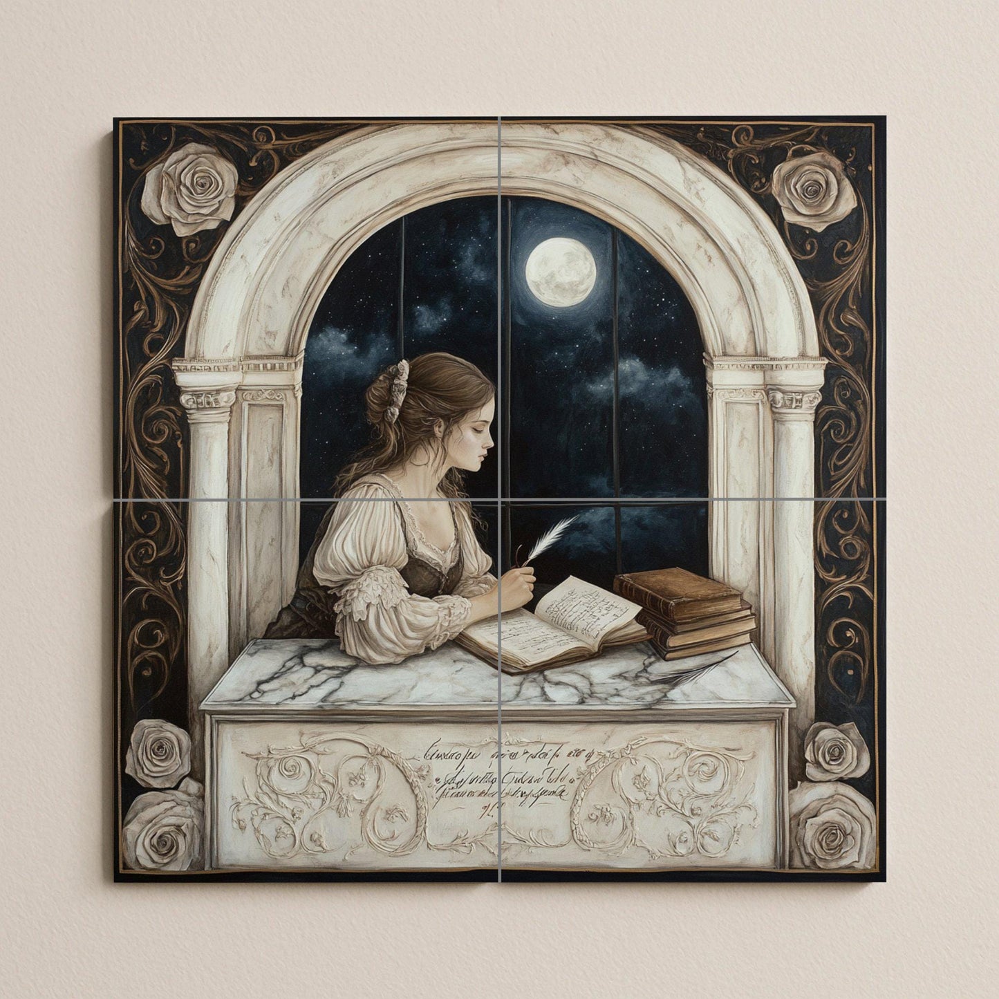 Romantic ceramic mural of a lady writing by a moonlit window: Gothic night artwork, literary tile panel, elegant decorative wall art.