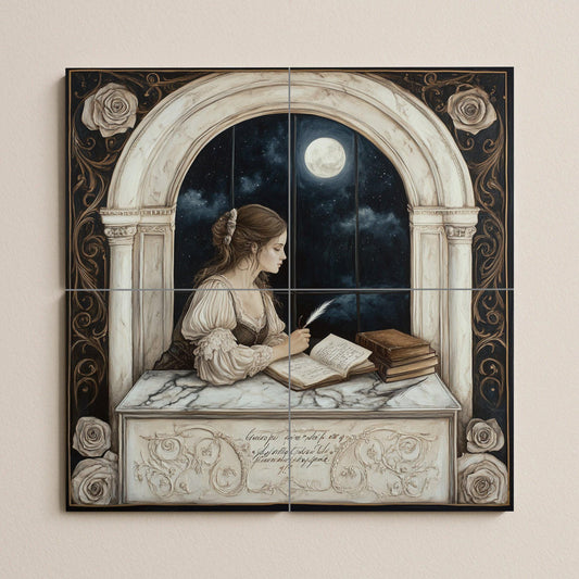 Romantic ceramic mural of a lady writing by a moonlit window: Gothic night artwork, literary tile panel, elegant decorative wall art.