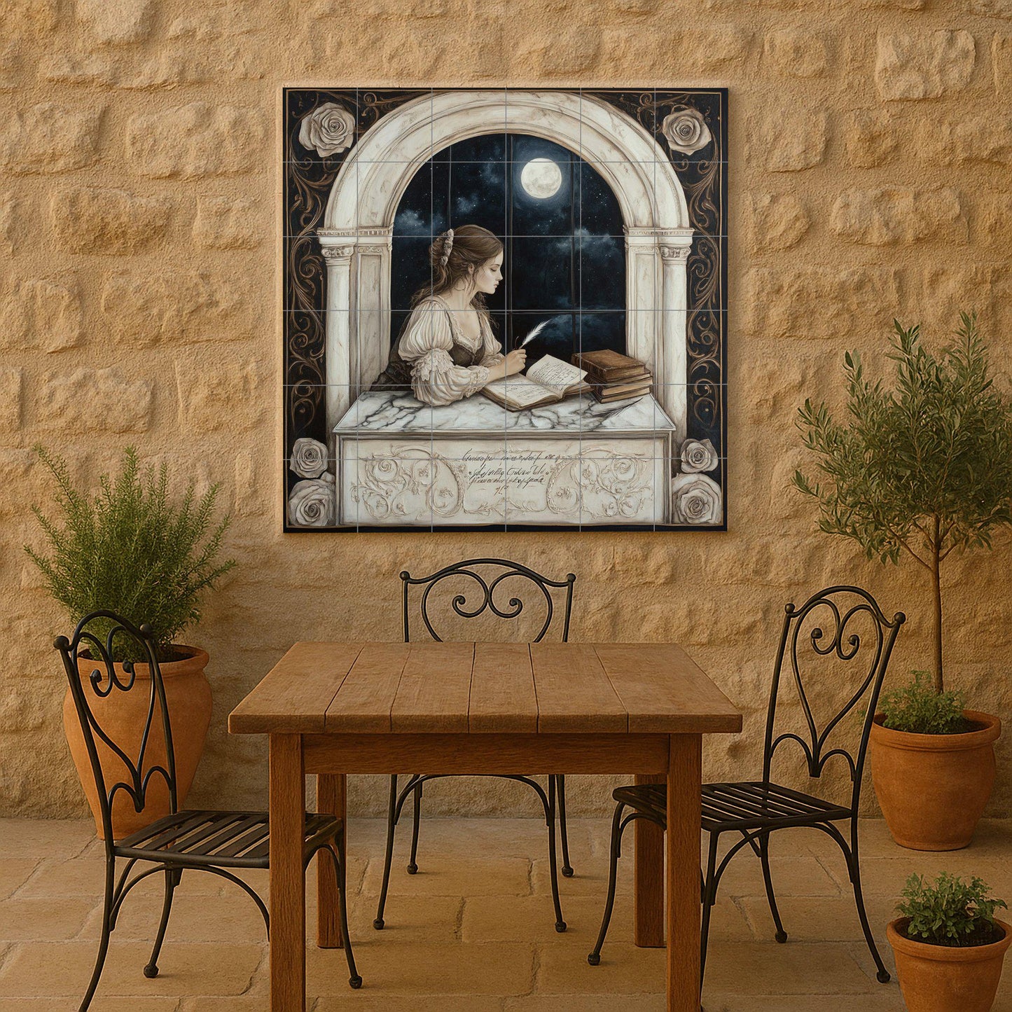 Romantic ceramic mural of a lady writing by a moonlit window: Gothic night artwork, literary tile panel, elegant decorative wall art.