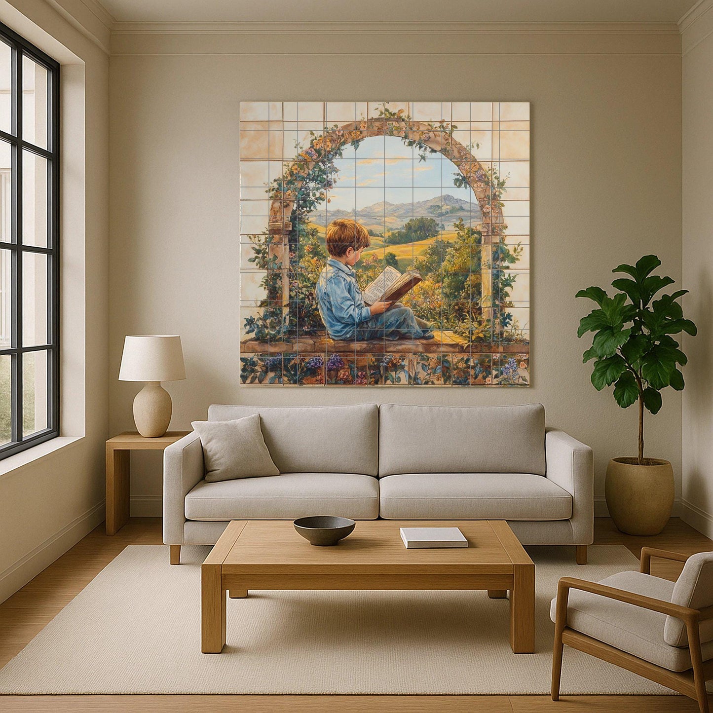 Ceramic mural with a child reading in a garden arch: narrative artwork, rural panorama, rustic decorative panel.