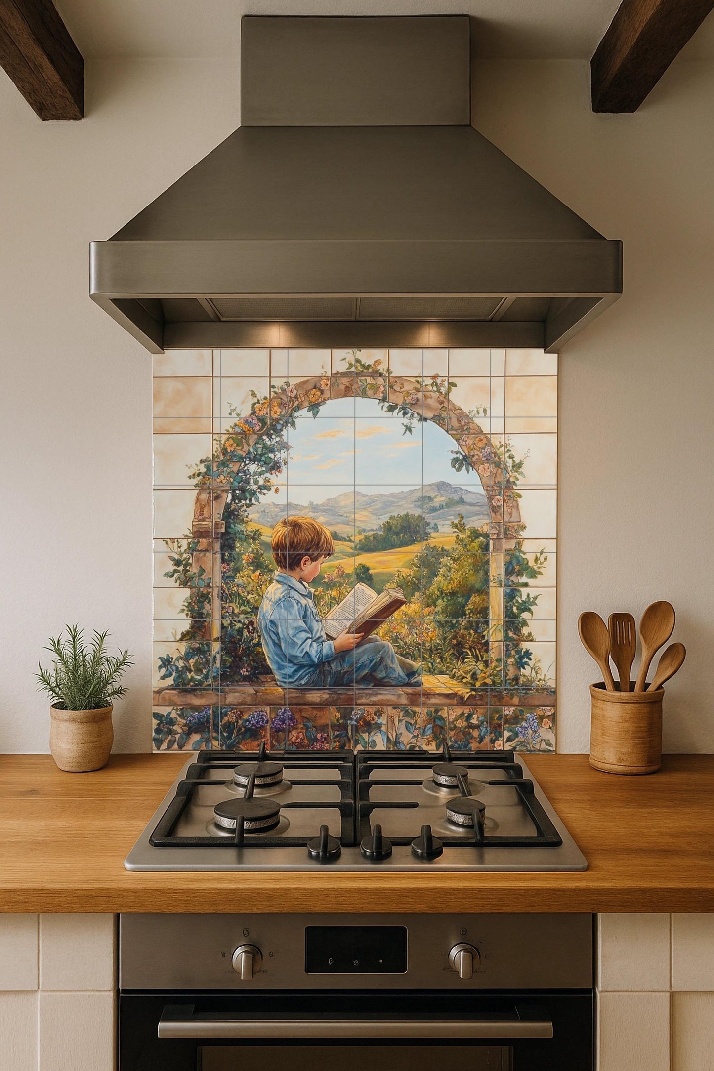 Ceramic mural with a child reading in a garden arch: narrative artwork, rural panorama, rustic decorative panel.
