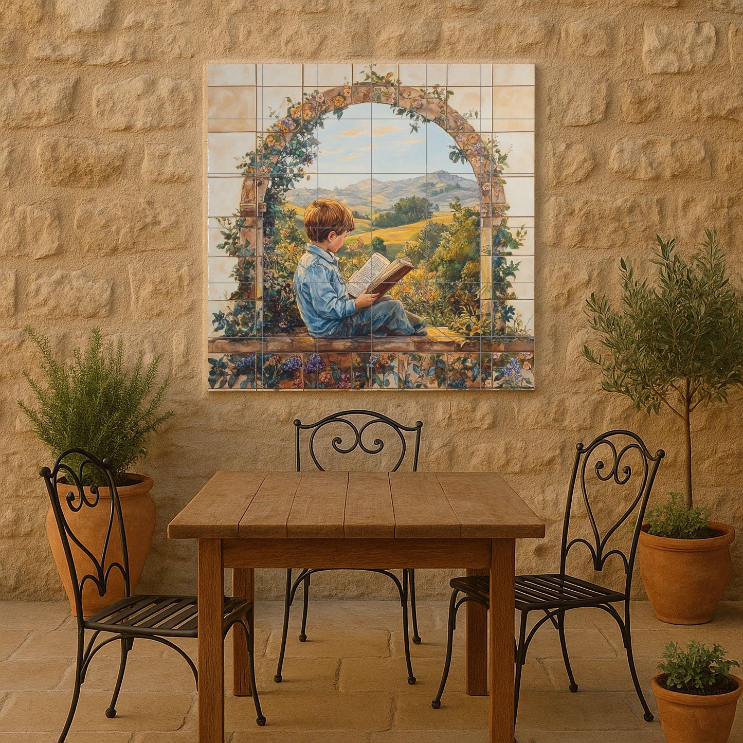 Ceramic mural with a child reading in a garden arch: narrative artwork, rural panorama, rustic decorative panel.