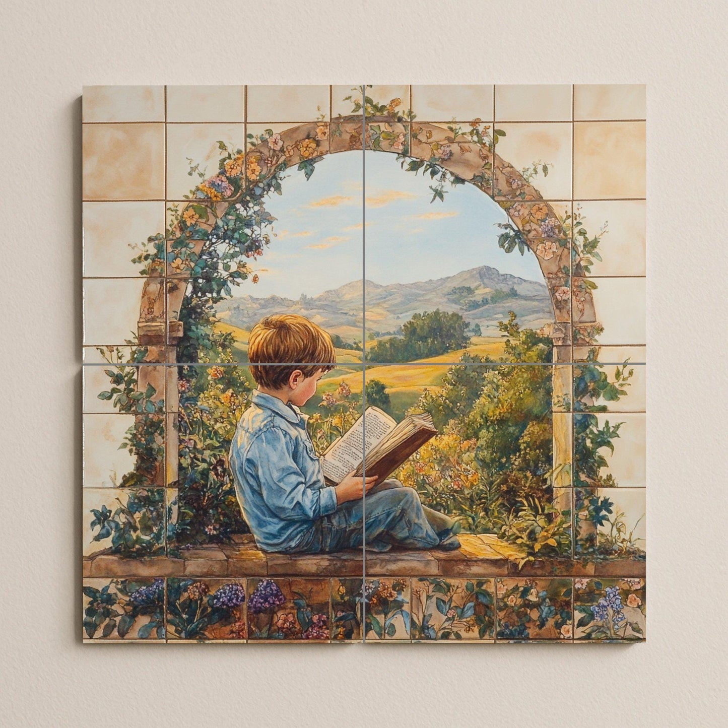 Ceramic mural with a child reading in a garden arch: narrative artwork, rural panorama, rustic decorative panel.