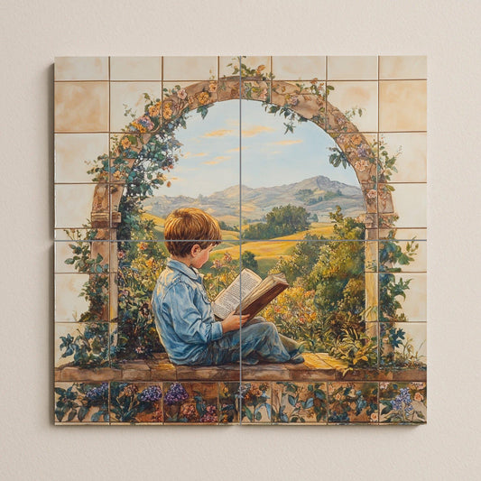 Ceramic mural with a child reading in a garden arch: narrative artwork, rural panorama, rustic decorative panel.