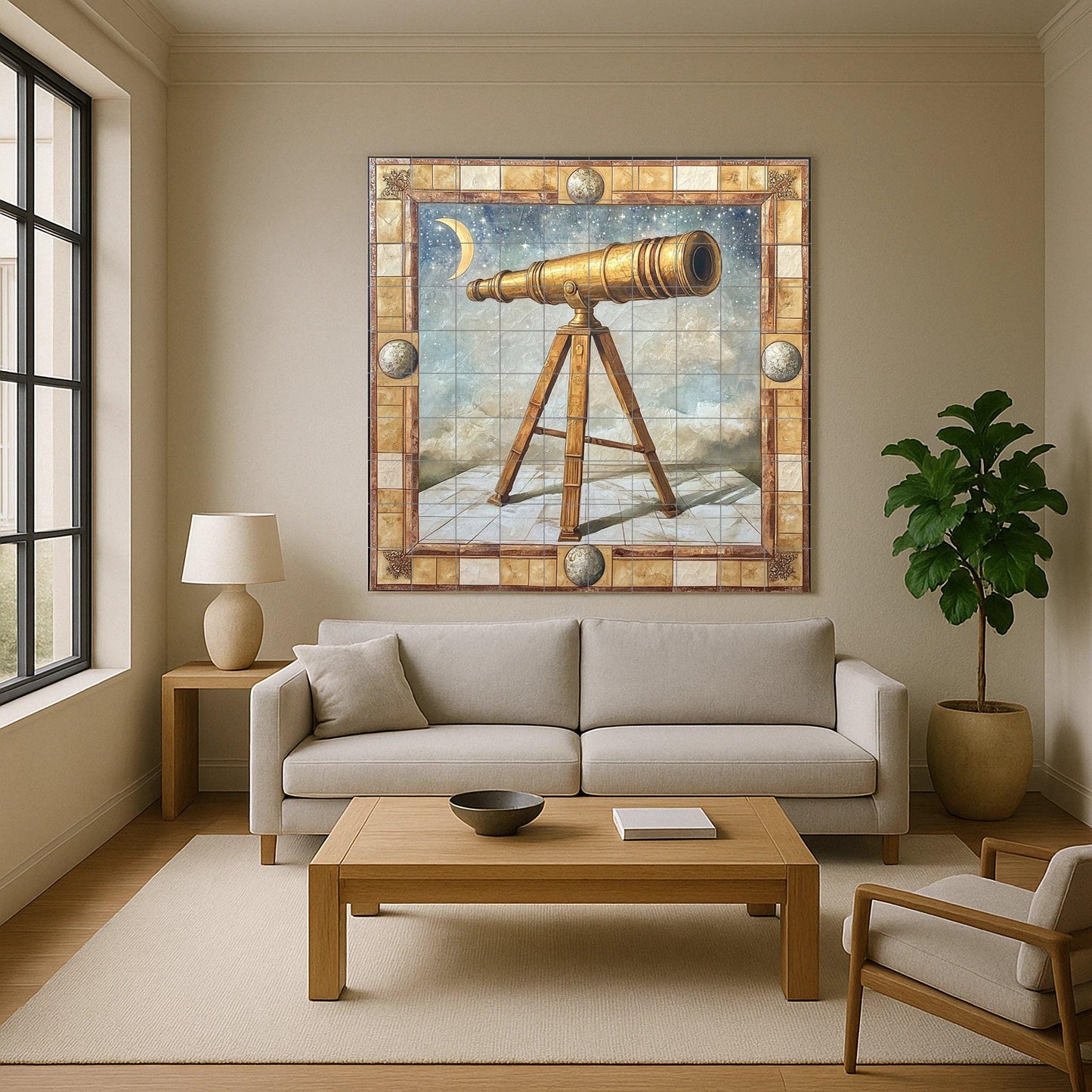Ceramic mural with golden telescope: astronomical scene with crescent moon, celestial constellations and art of ancient optical instruments.
