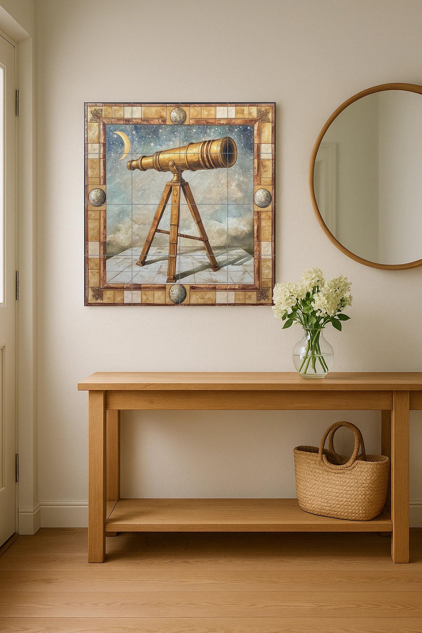 Ceramic mural with golden telescope: astronomical scene with crescent moon, celestial constellations and art of ancient optical instruments.