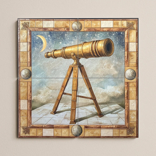 Ceramic mural with golden telescope: astronomical scene with crescent moon, celestial constellations and art of ancient optical instruments.