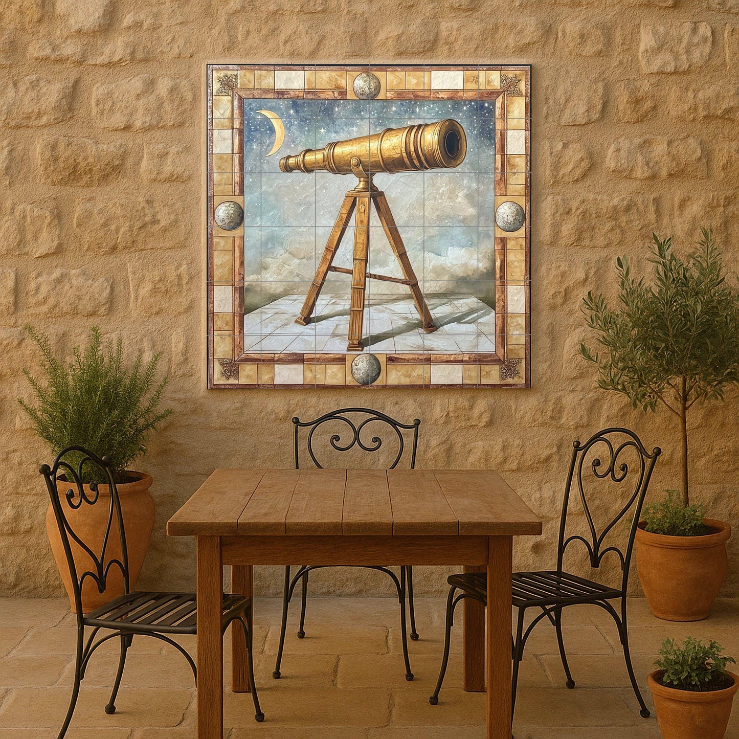 Ceramic mural with golden telescope: astronomical scene with crescent moon, celestial constellations and art of ancient optical instruments.