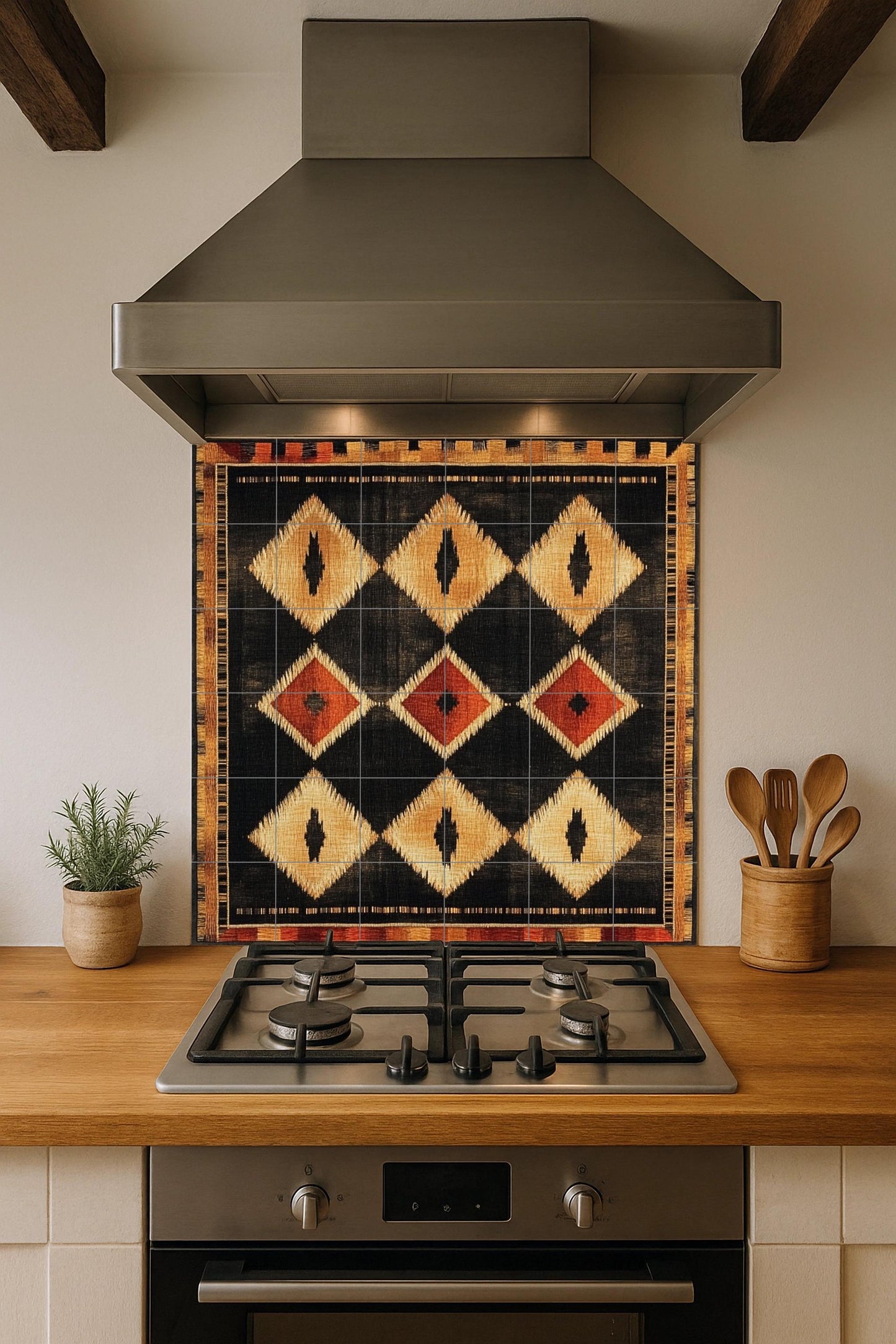 Modern Southwest ceramic mural: geometric diamond pattern in earth tones of black, gold and terracotta.