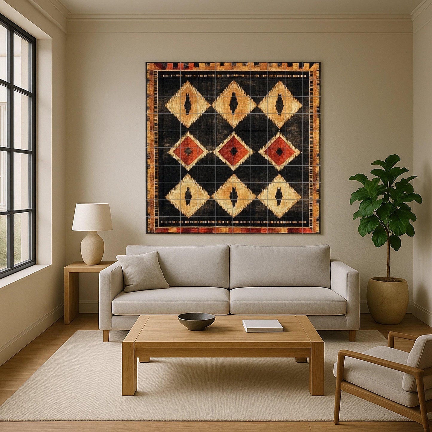 Modern Southwest ceramic mural: geometric diamond pattern in earth tones of black, gold and terracotta.