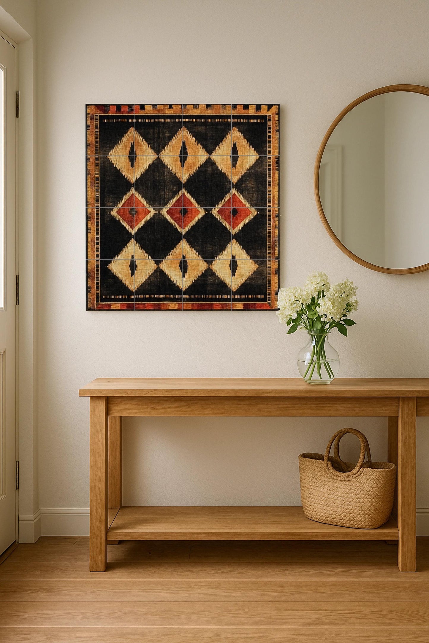 Modern Southwest ceramic mural: geometric diamond pattern in earth tones of black, gold and terracotta.