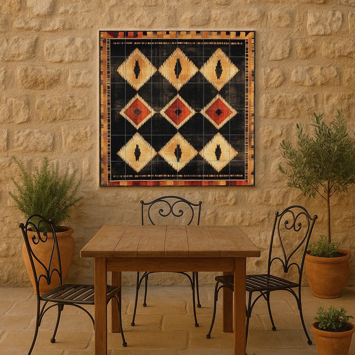 Modern Southwest ceramic mural: geometric diamond pattern in earth tones of black, gold and terracotta.