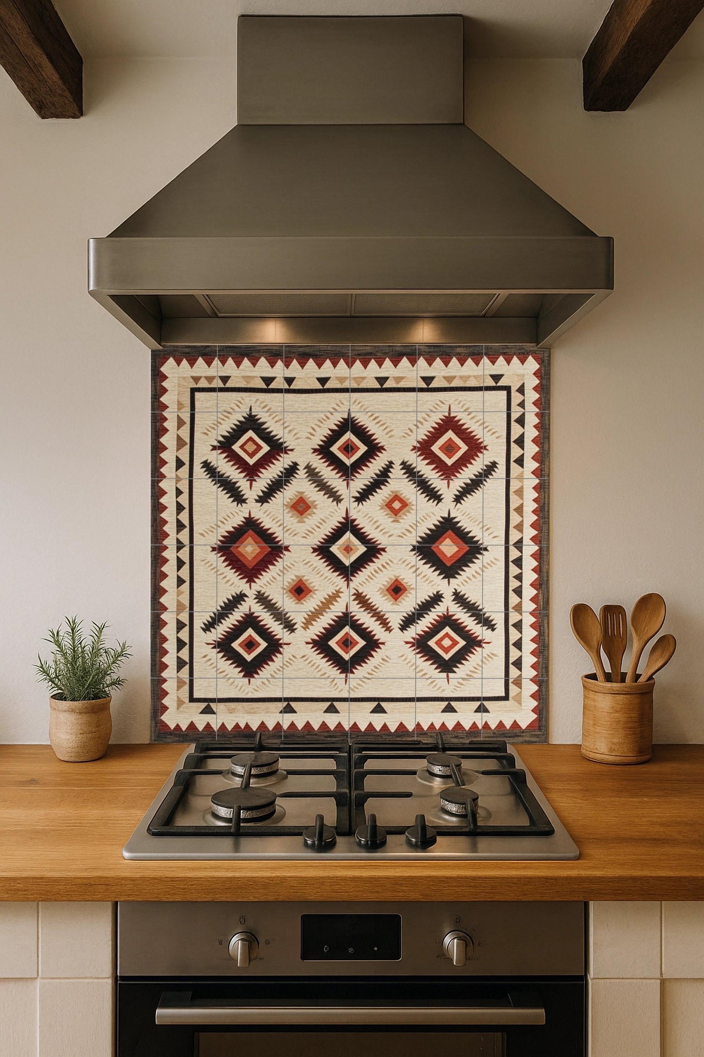 Navajo textile ceramic mural: Southwest rhombuses and earth tones in zigzag with hand-woven border.