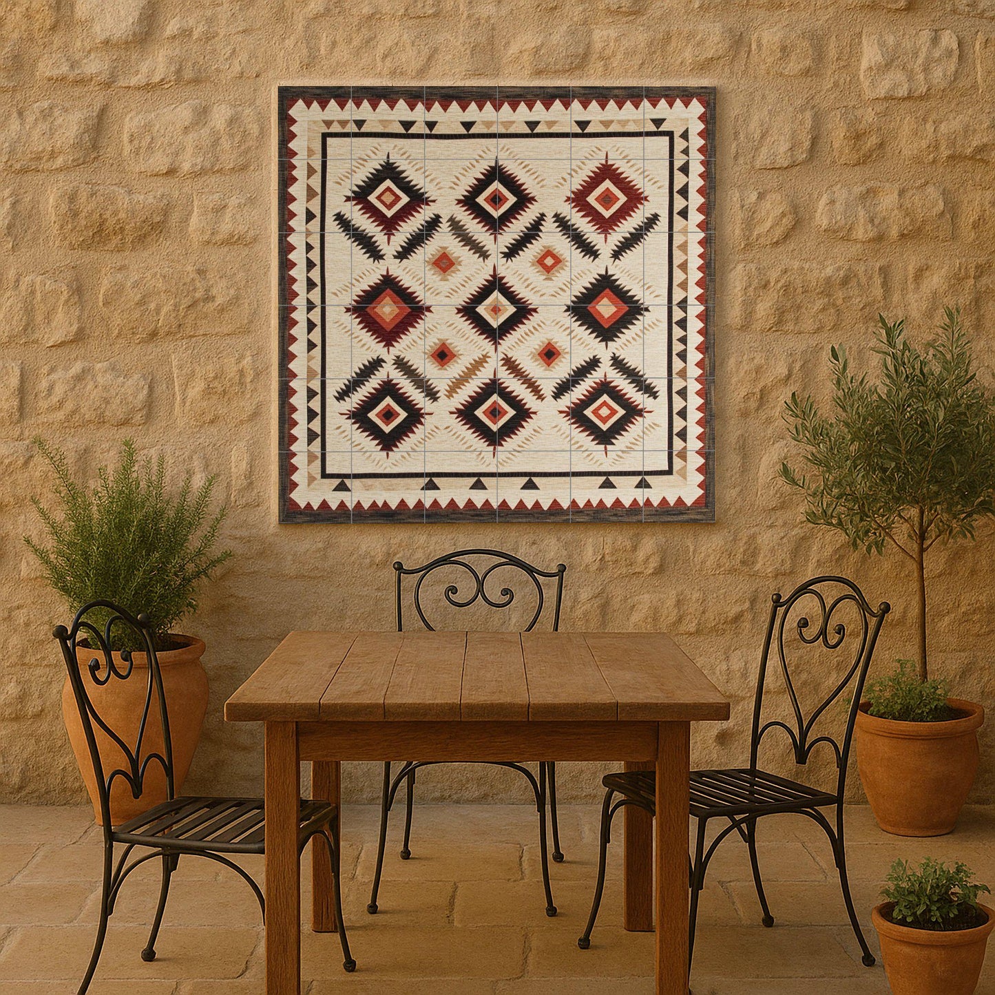 Navajo textile ceramic mural: Southwest rhombuses and earth tones in zigzag with hand-woven border.