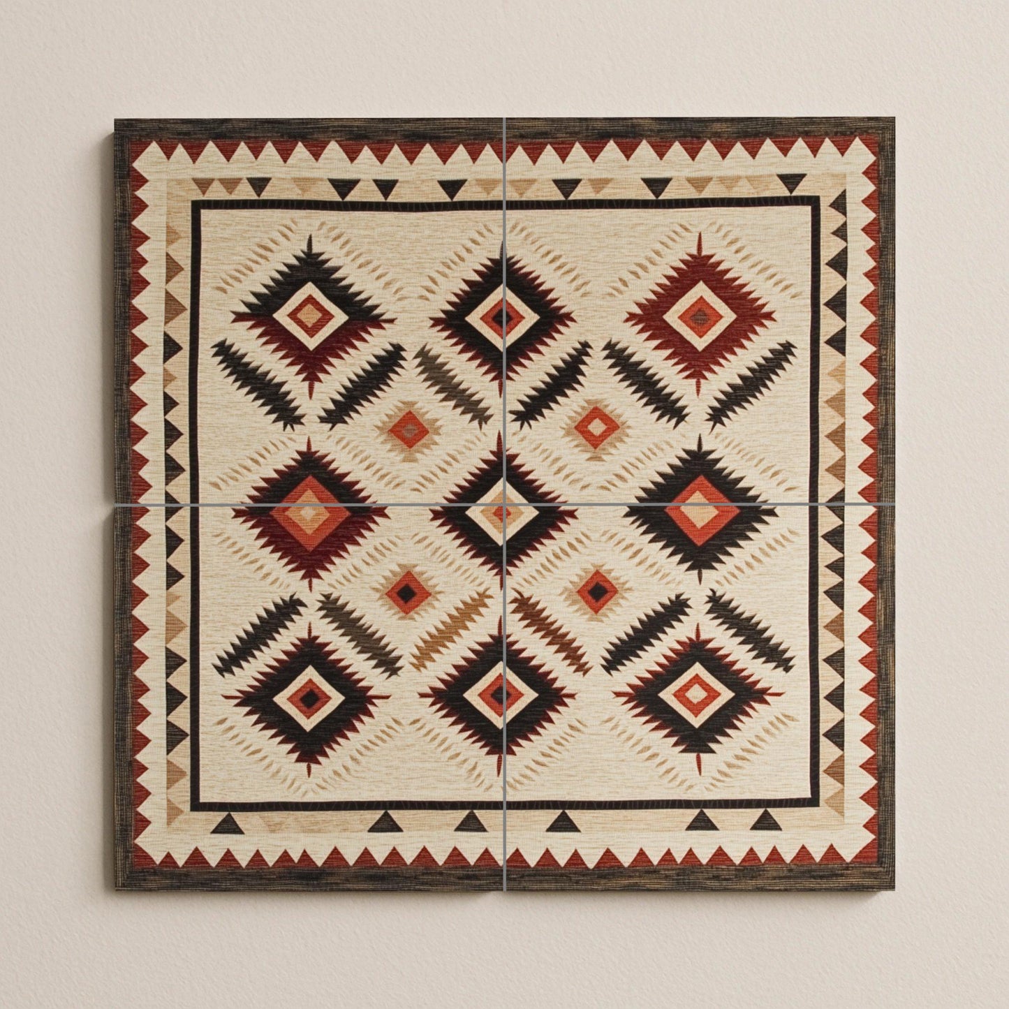 Navajo textile ceramic mural: Southwest rhombuses and earth tones in zigzag with hand-woven border.