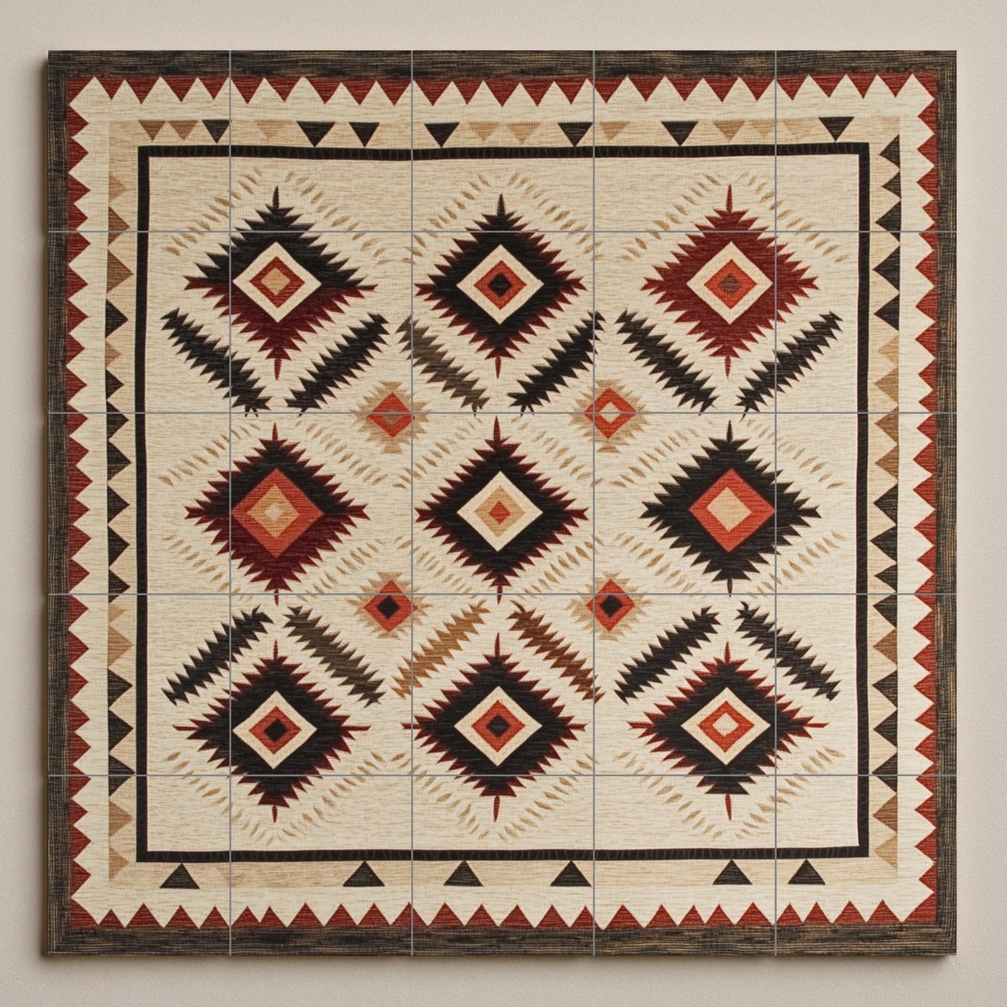 Navajo textile ceramic mural: Southwest rhombuses and earth tones in zigzag with hand-woven border.