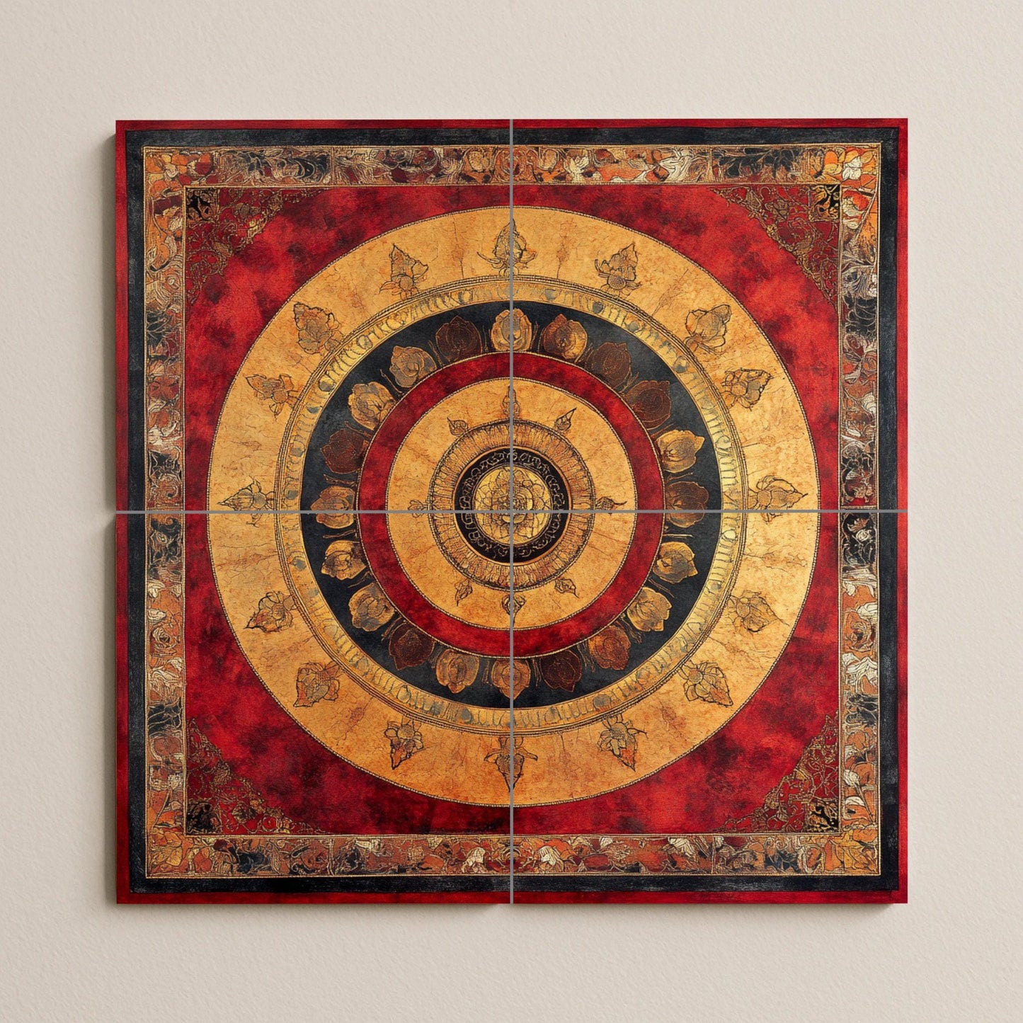 Ceramic mural of Nepalese mandala: sacred Tibetan lotus and cloud border with golden radial symbols in red and black.