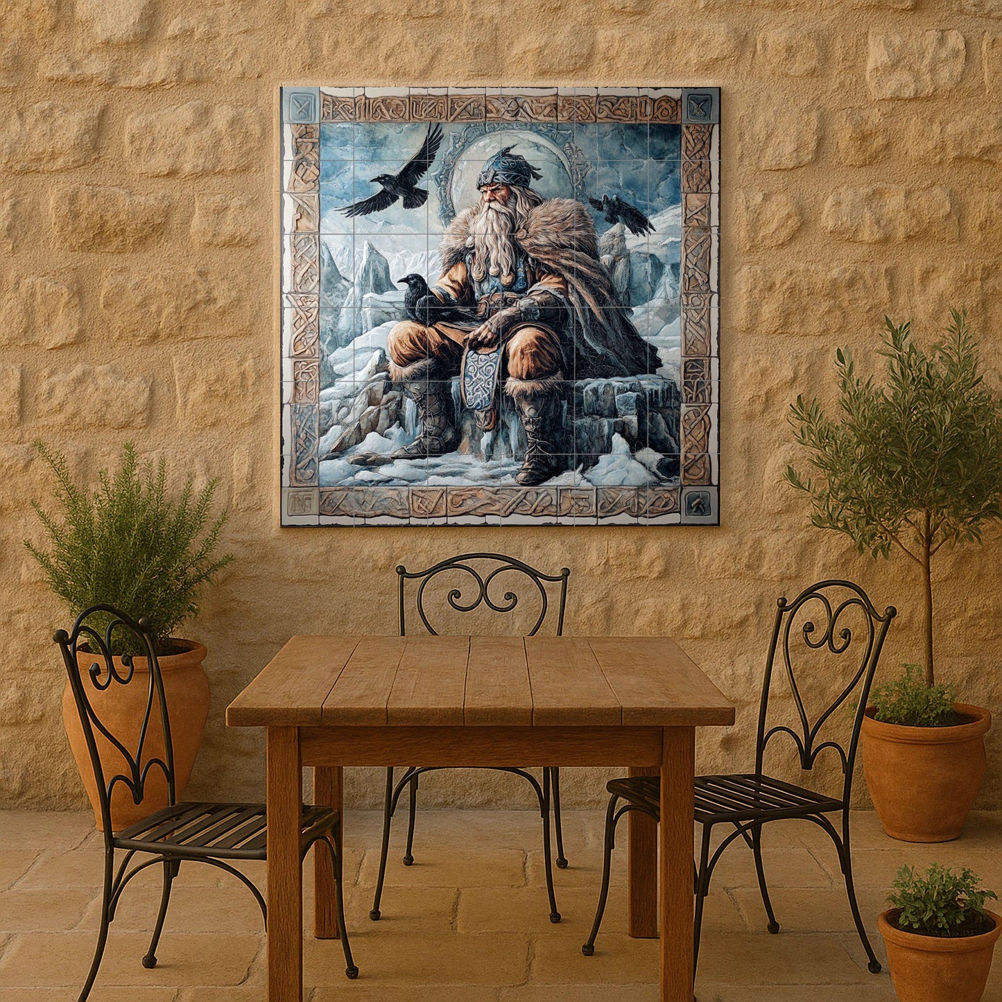 Ceramic mural of Norse mythology: Odin with the ravens Huginn and Muninn, Viking god on an ice throne bordered with Norse runes.