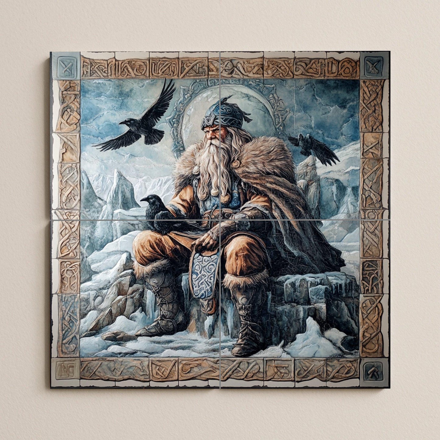 Ceramic mural of Norse mythology: Odin with the ravens Huginn and Muninn, Viking god on an ice throne bordered with Norse runes.