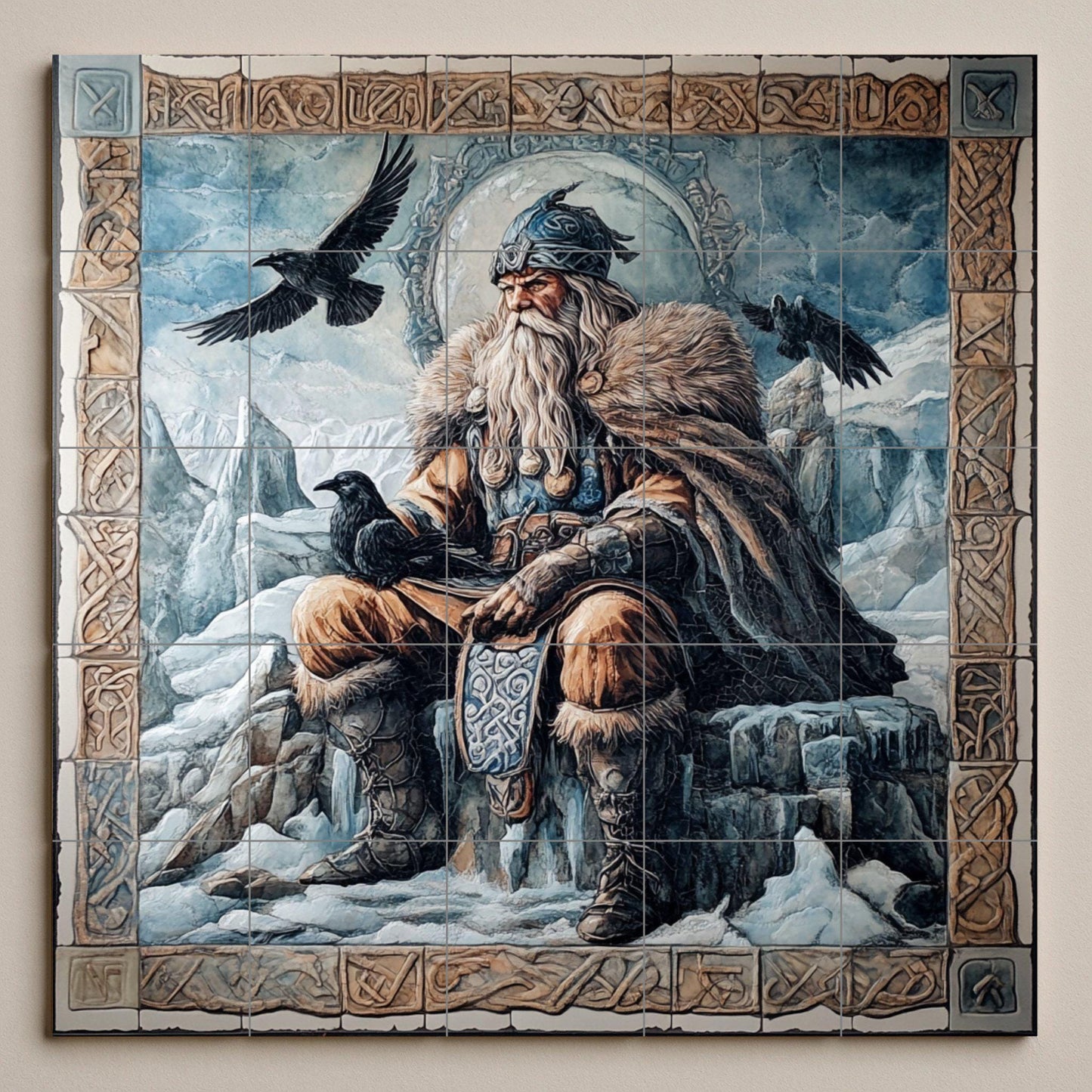 Ceramic mural of Norse mythology: Odin with the ravens Huginn and Muninn, Viking god on an ice throne bordered with Norse runes.