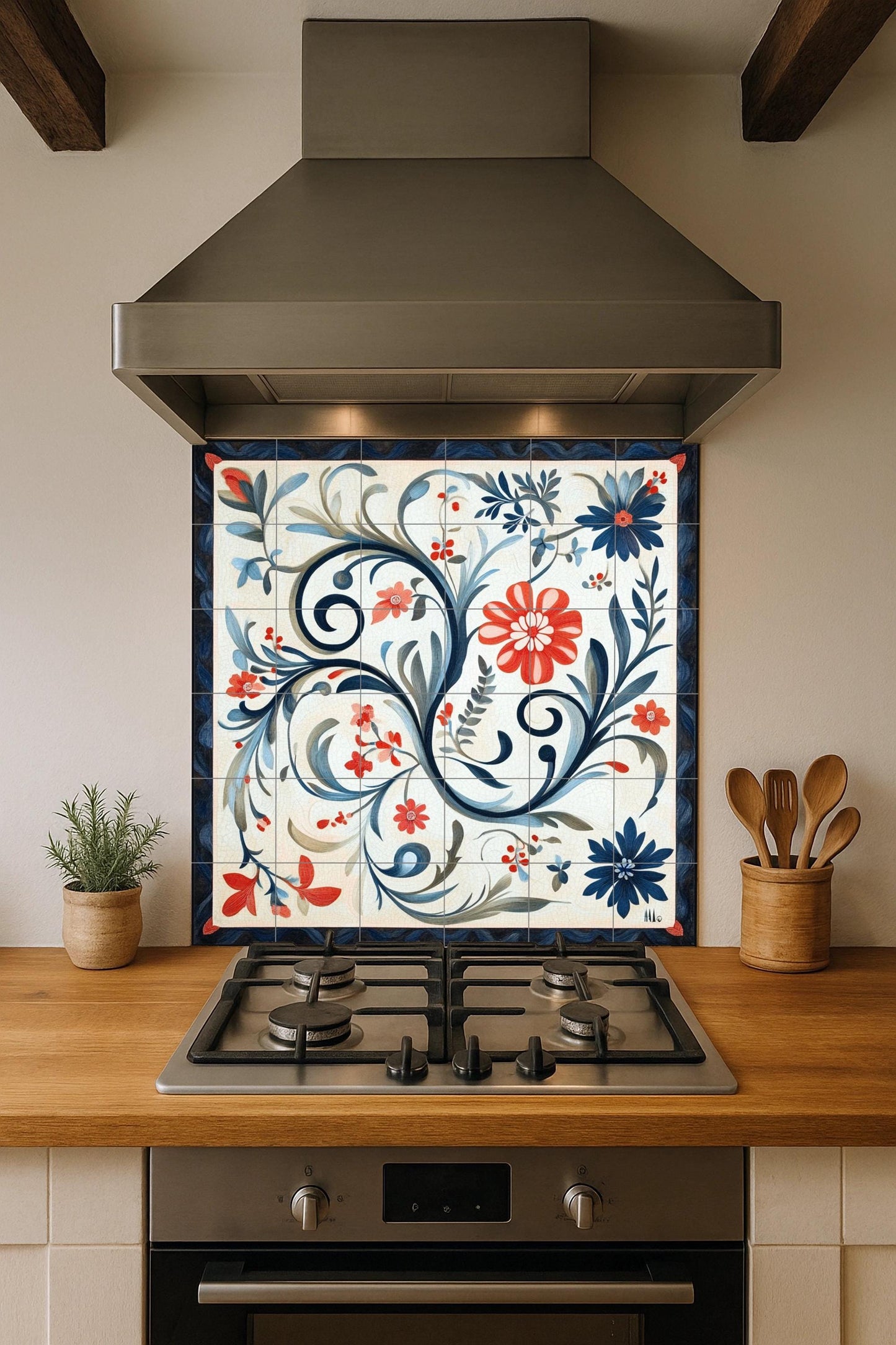 Norwegian ceramic mural Rosemaling: traditional floral scrolls from Telemark and Hallingdal, heritage of Scandinavian decorative art