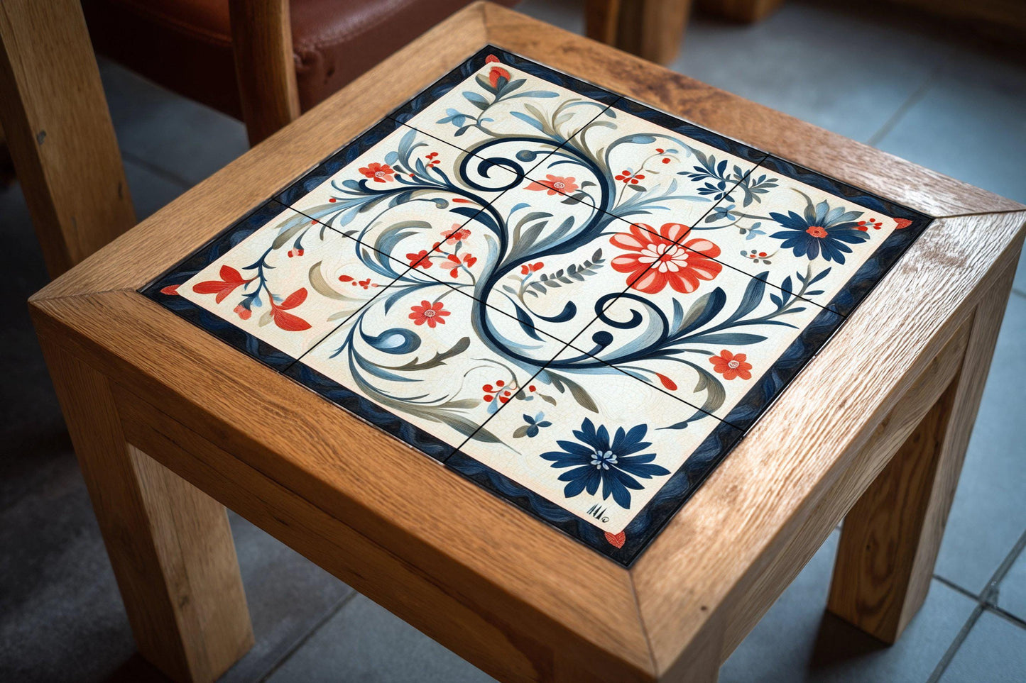Norwegian ceramic mural Rosemaling: traditional floral scrolls from Telemark and Hallingdal, heritage of Scandinavian decorative art