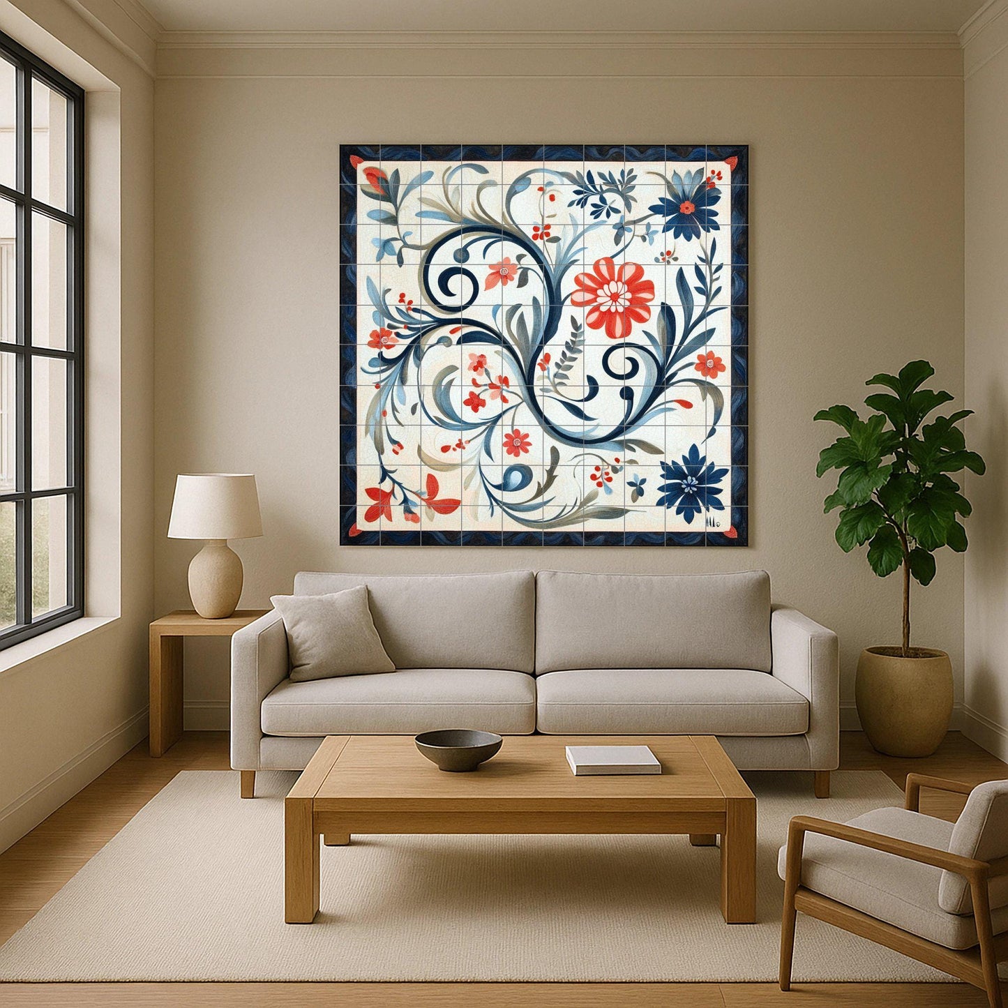 Norwegian ceramic mural Rosemaling: traditional floral scrolls from Telemark and Hallingdal, heritage of Scandinavian decorative art